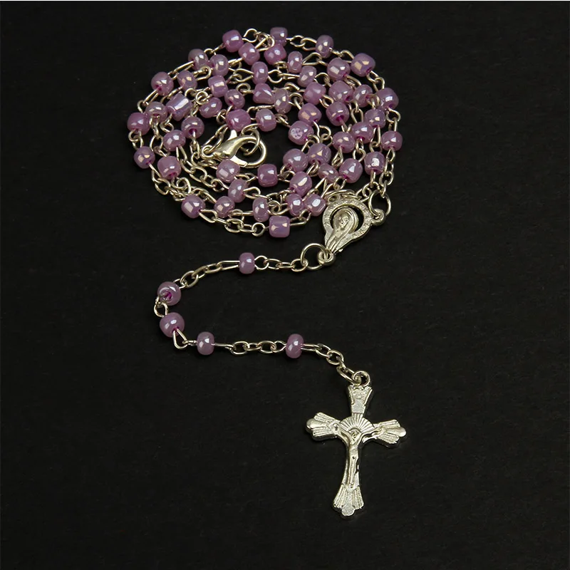 Glass Pearl Rosary Necklace Jesus Christ Cross Pendant Necklace Long Chain Men\'s and Women\'s Virgin Mary Christian Fashion Jewel