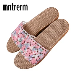 Mntrerm Female Cotton Flax Slippers Women Breathable Hollow Flat Slipper Summer Linen Shoes Indoor Non-slip Home Shoes Flip Flop