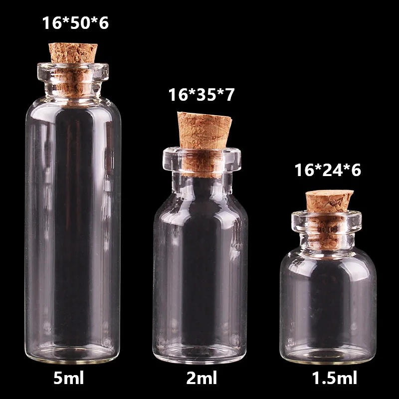 

Diameter:16mm 1.5ml 2ml 5ml Cute Mini Glass Bottles with Cork Stopper Empty Spice Wish Bottles Jars Vials