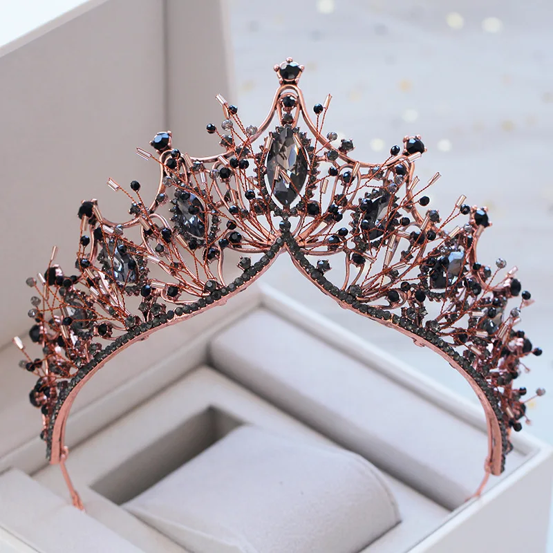 KMVEXO Baroque Gold Color Black Crystal Bridal Tiara Rhinestone Diadem Pageant Crown for Bride Headband Wedding Hair Accessories