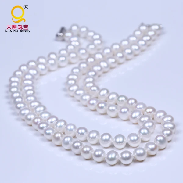 Daking 7.5-8.5MM AAA Grade Pearl 2 Rows Natural  Real Natural White Cultured Pearl Necklace 18 INCH for Wedding