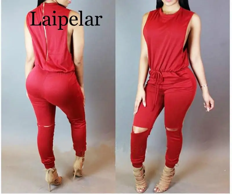 Women hole sleeveless bandage lace up jumpsuit Casual Rompers overalls for female women o-neck zipper jumpsuits women suits