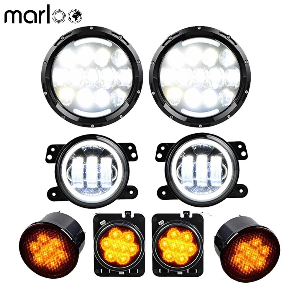 

Car 105W 7 LED Headlights DRL + 4" Fog Lights Halo Ring + Front Fender & Grille Turn Signal Lamps For Jeep Wrangler JK JKU