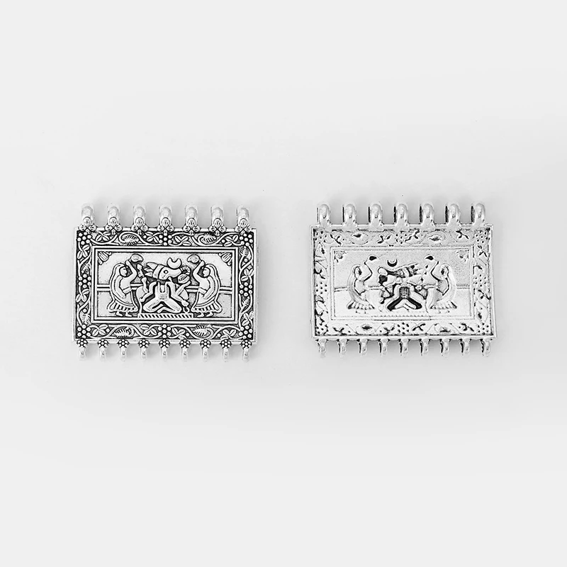 2Pcs Tibetan Silver Square Ethnic Ganesha Charms Pendant Connector For DIY Boho Necklace Jewelry Making Supplies 50x43mm