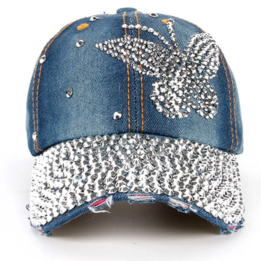 High Quality Denim Baseball Caps for Women 100% Manual Drill Diamond Butterfly Pattern Summer Fashion Luxury SY551 2023