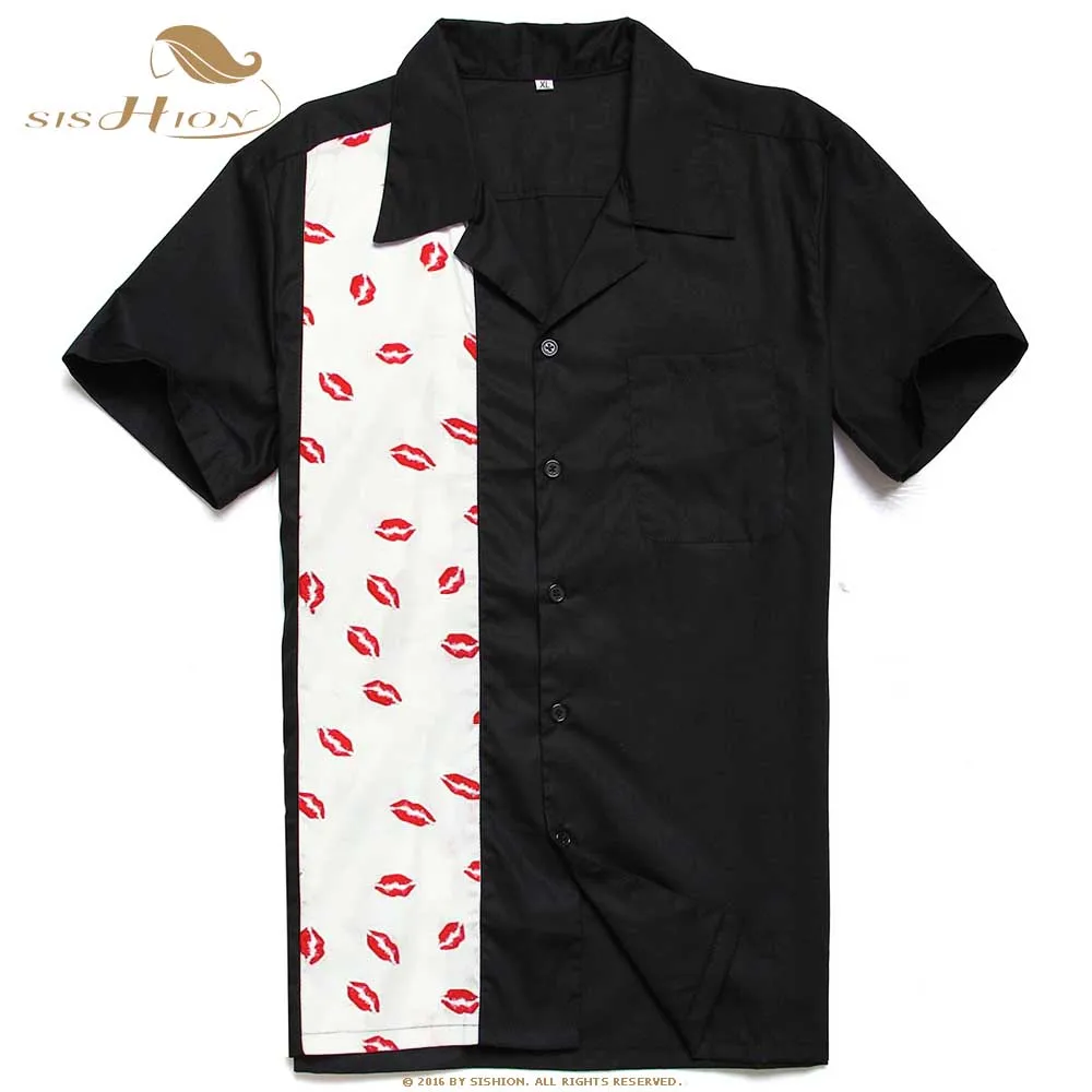 

SISHION Classic Retro Shirt Men Clothing Tops ST110 Red lips Print Short Sleeve Button Up Men Bowling Shirt overhemden heren