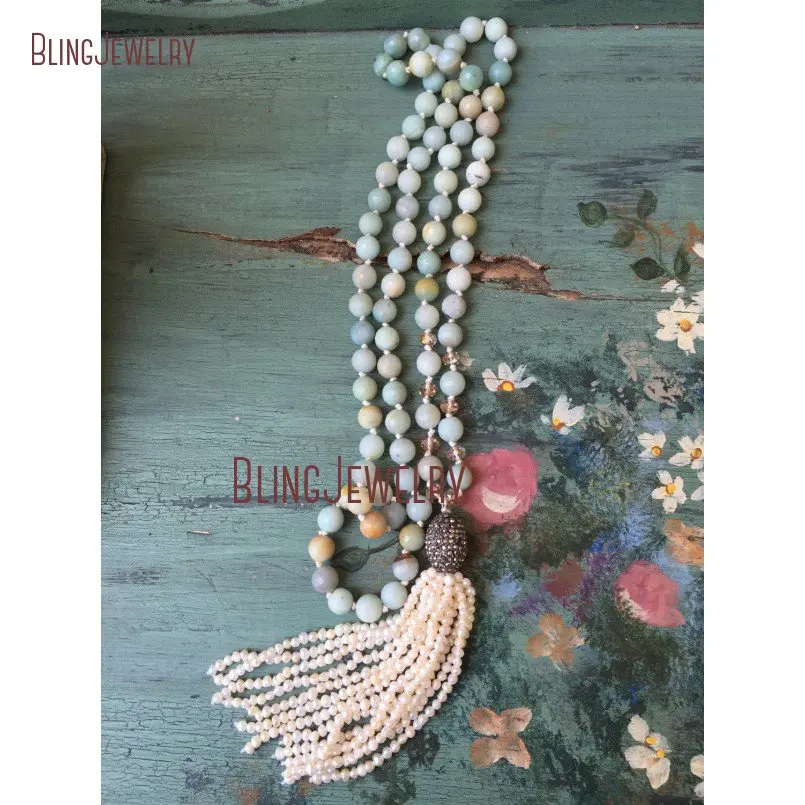 

Boho chic Knot Mint Beads Necklace Small Pearls Tassel Layering NM23766