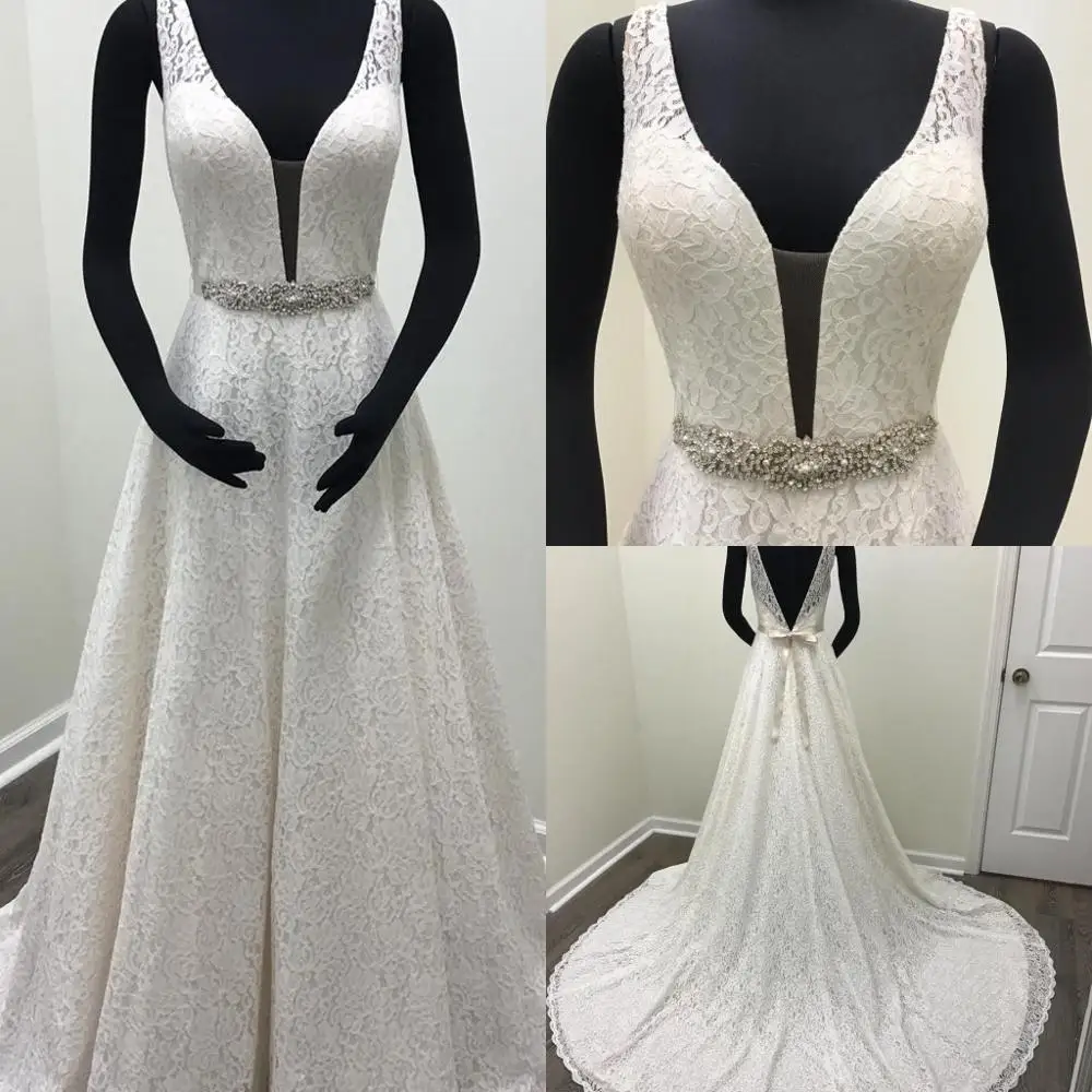 Fully Lace Wedding Dresses 2019 A Line Sleeveless Bodice Plunging Neckline Garden Castle Chapel Bridal Gowns vestido de novia