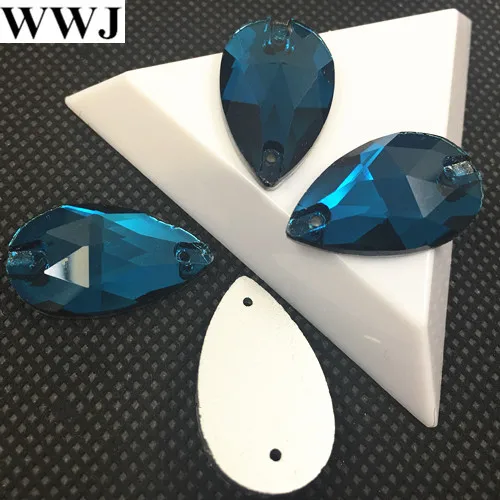 15Pcs/Lot Blue Zircon Color Teardrop Sew On Stone Flatback 2 Holes 17x28mm Pear Drop Sewing Glass Crystals 2Holes Dress