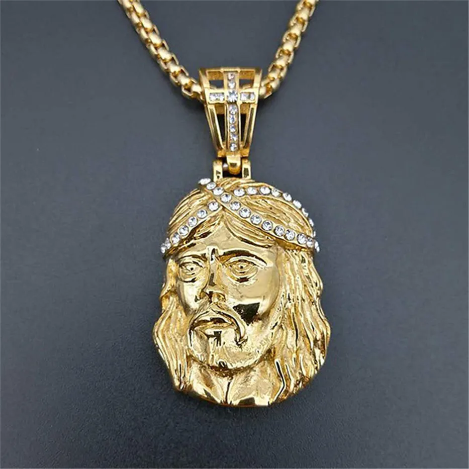 Hip Hop Necklace Stainless Steel Gold Color Iced Out Chains Cross Jesus Head Pendant Necklace For Men/Women Gifts