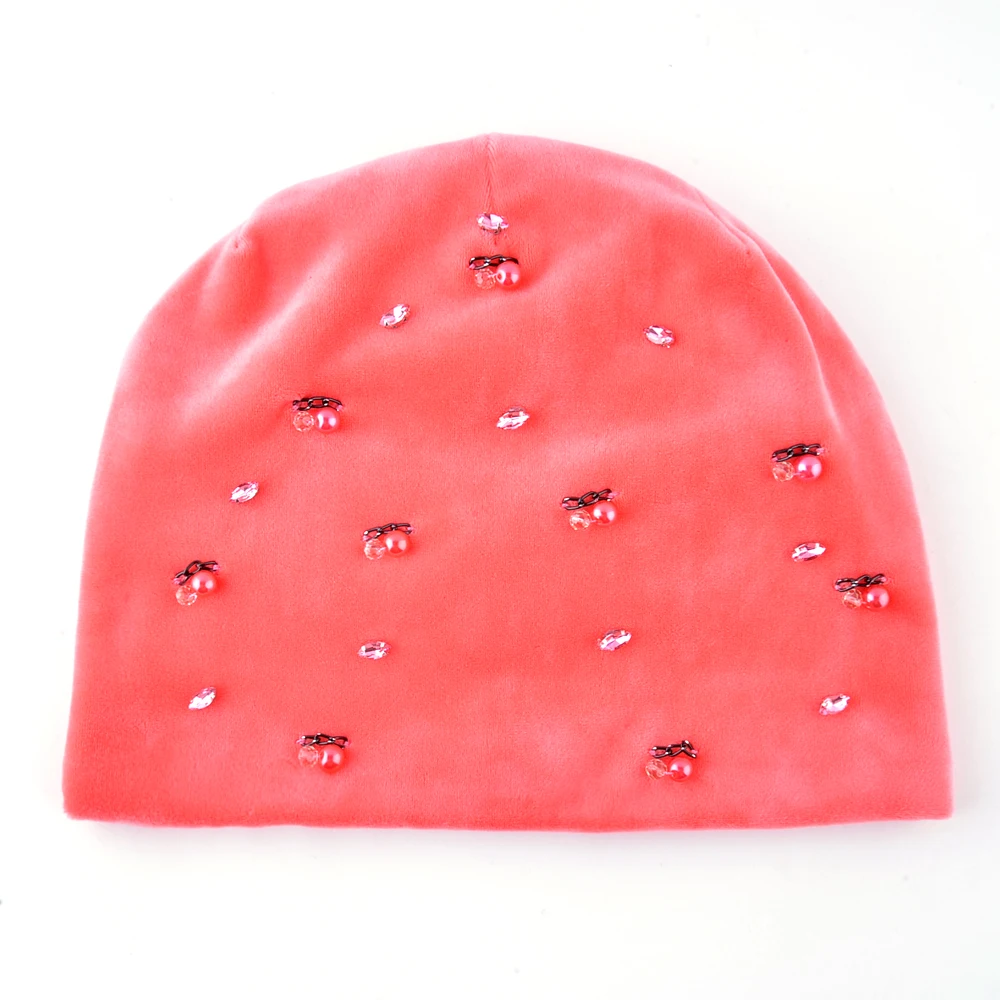 Autumn Winter Hats For Women Cute Rhinestone Pearls Chain Beanies Girls Warm Soft Double Layer Vevet Caps Ladies Skullies Bonnet