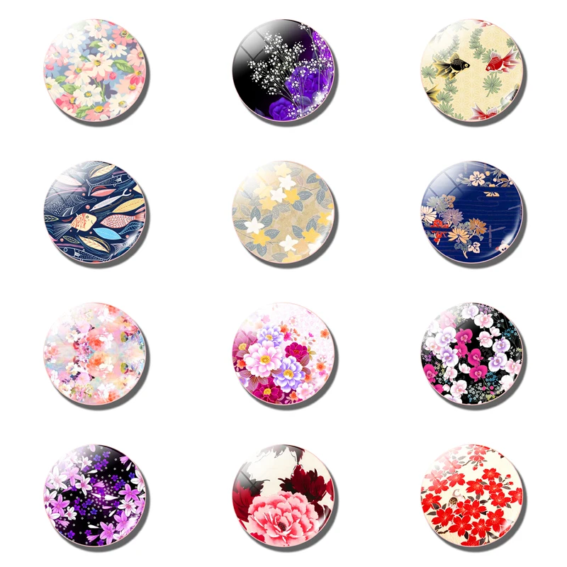 Flower Pattern Fridge Magnet Set Glass Dome Ornaments Magnetic Refrigerator Magnets Cute Home Decor 12Pcs Set 30 MM