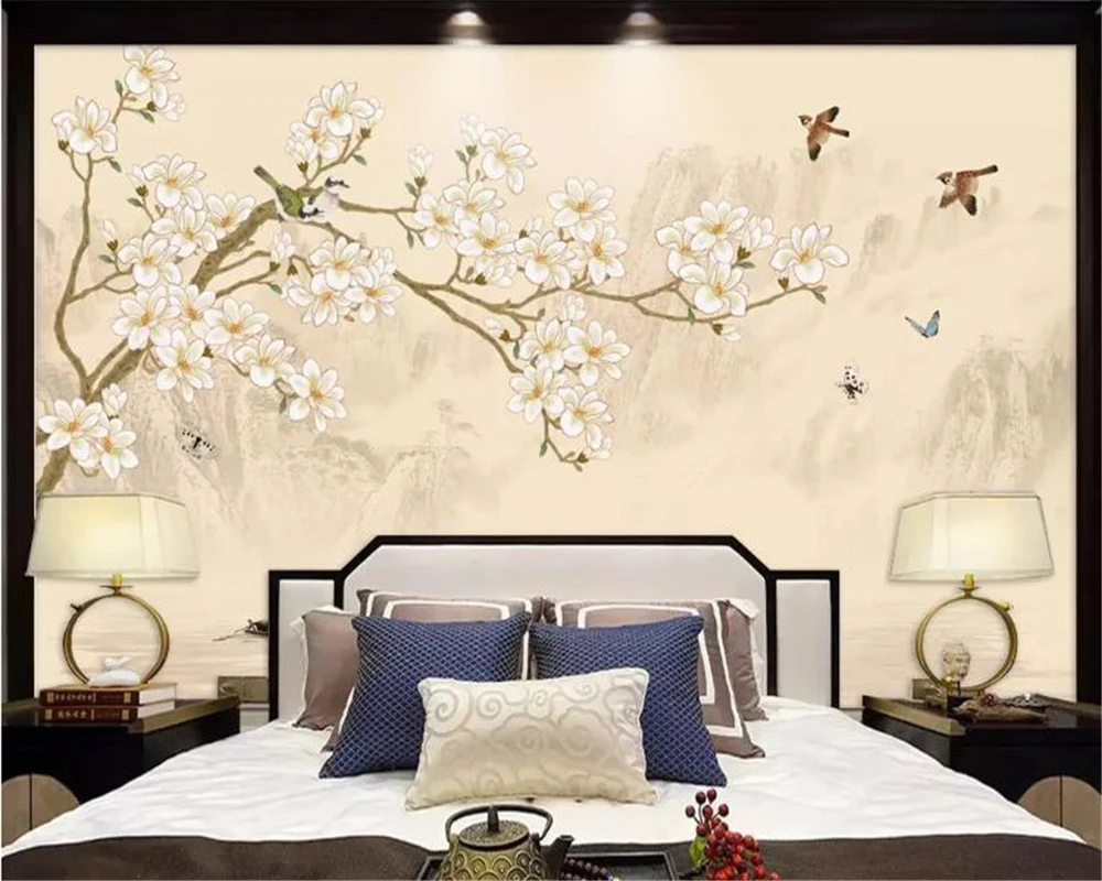 beibehang Custom large home decoration new Chinese style hand-painted magnolia bird ink landscape TV background wall wallpaper