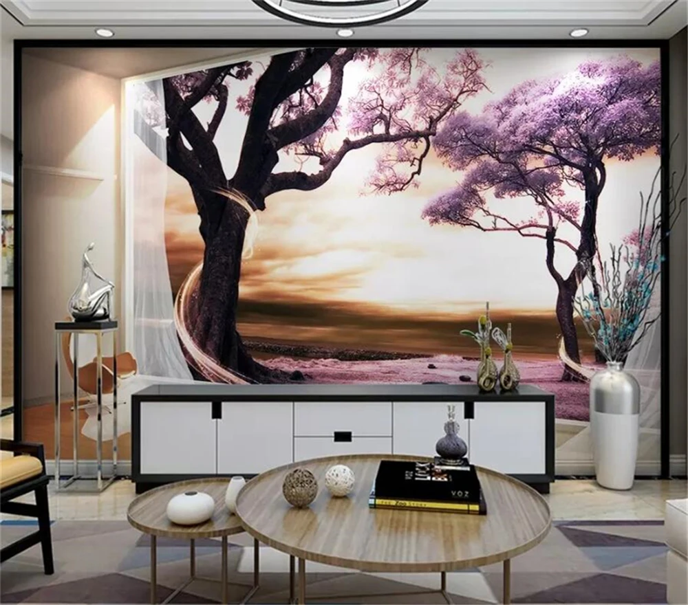 Decorative wallpaper 3D space expands the window landscape with purple tree background wall painting