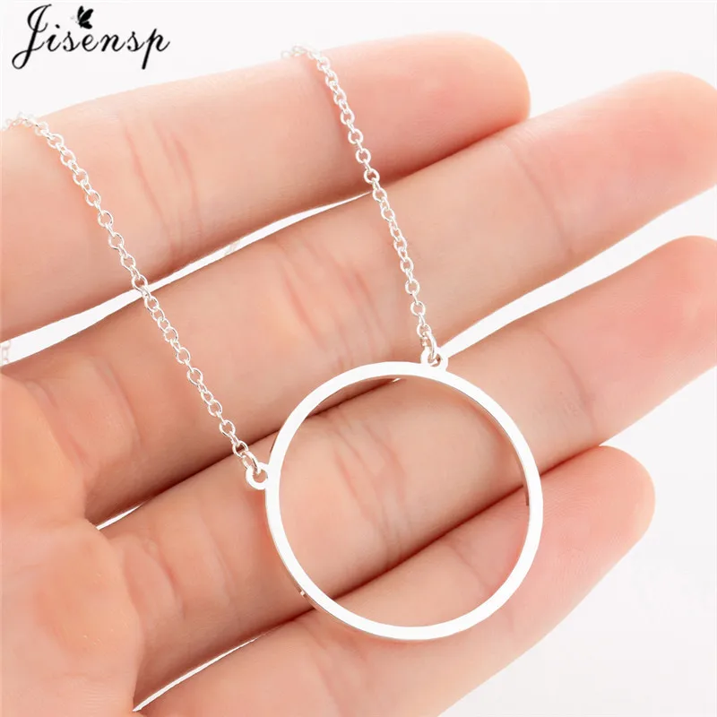 Jisensp Gold Stainless Steel Round Pendant Necklace for Women Simple Female Long Chain Geometric Karma Circle Necklace Jewelry