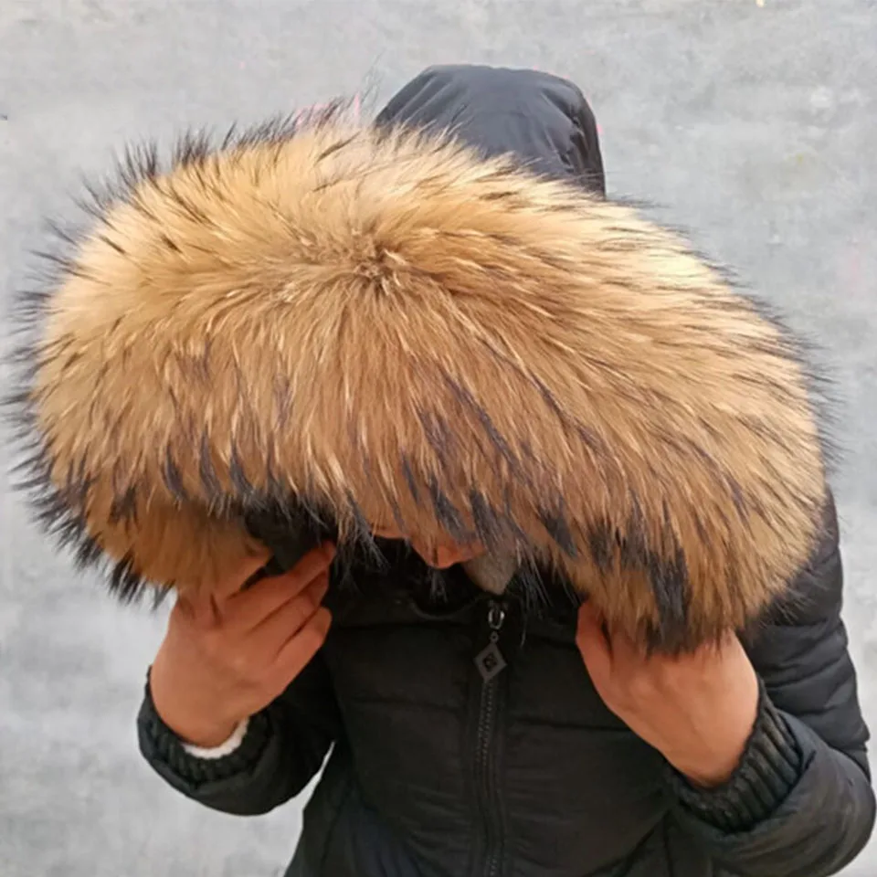 2019 Fur Collar Real Natural Raccoon Fur  Collars Women Real Fur Scarfs Coat Scarves Luxury Raccoon Fur Hooded NC05