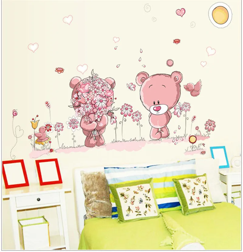 Lovely Shy Pink Bears Flower Wall Stickers For Girl's Room Love Home Decor Wedding Decoration for kids room Poster Mural