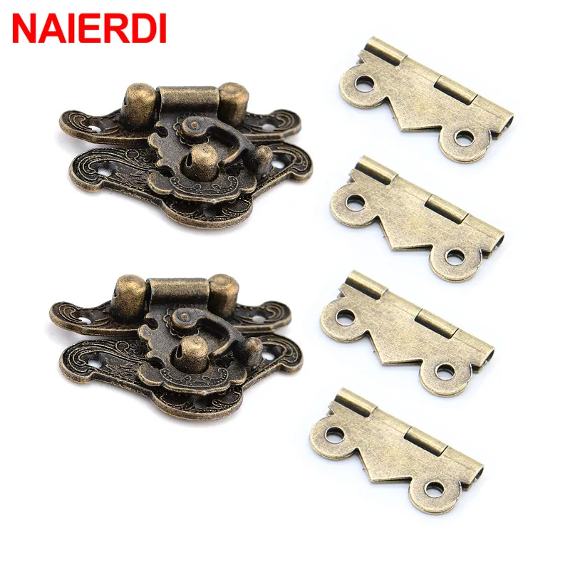 NAIERDI 2Pcs Antique Bronze Jewelry Wooden Box Hasp Latch + 4Pcs Cabinet Hinges Mini Door Hinges Hardware Furniture Accessories