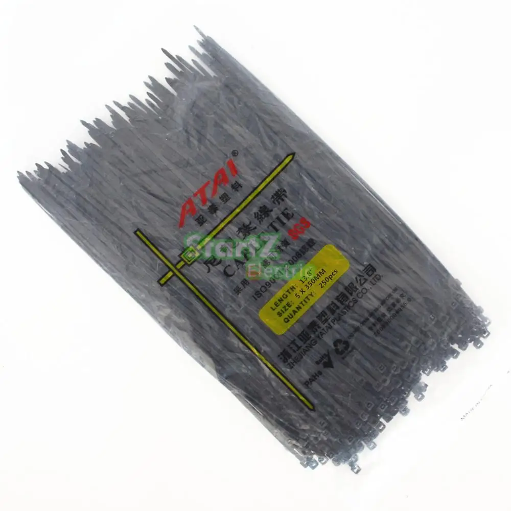 250PCS  5X350mm ( 13.8'' Inch) Black Self Lock Plastic Nylon Cable Ties Zip Wire