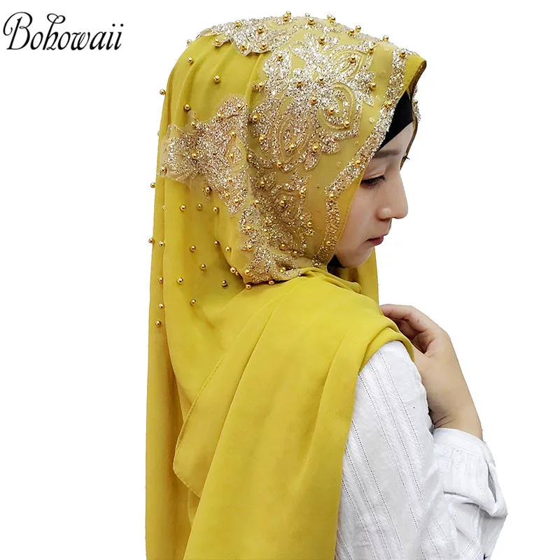 BOHOWAII Sequins เพชร Panuelos Hijab ผ้าพันคอผ้าคลุมไหล่ Abaya Headscarf Turbantes ผ้าเช็ดหน้ายาวชีฟอง Kopftuch Femme Musulman