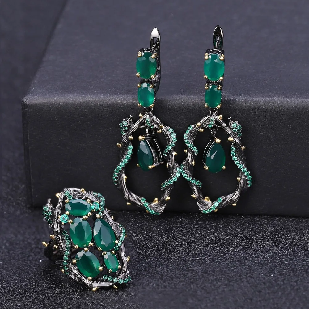 GEM\'S BALLET Natural Green Agate Gemstone Earrings 925 Sterling Silver Creative Handmade Snake Drop Earrings for Women Bijoux