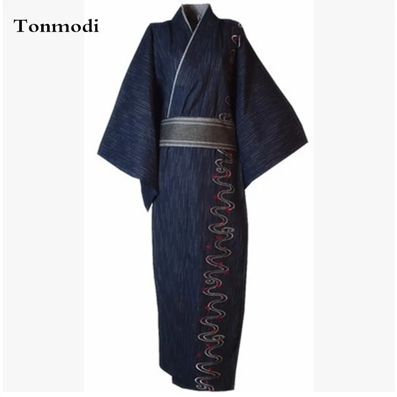 Kimono Robe Men100% Cotton Cloth Stitch Japanese Style Pajamas Bathrobe Long Nightdress Design Embroidered