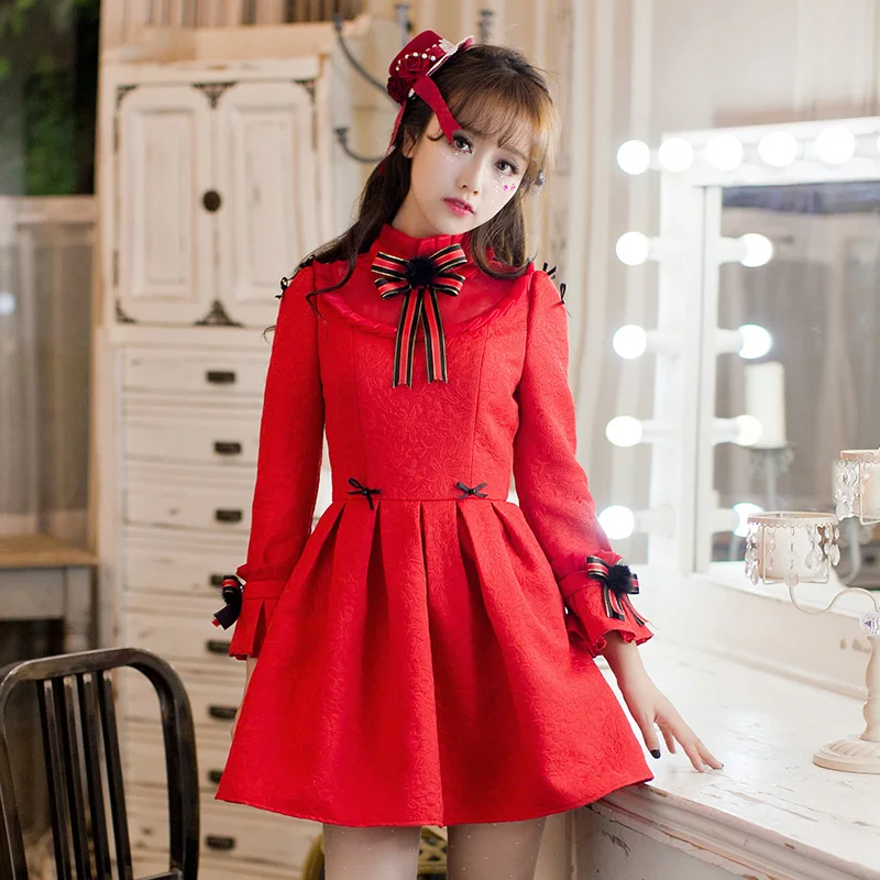 Princess sweet lolita red dress Candy rain Bow decoration a-line Stand collar ball top stile europeo design giapponese C16CD6196