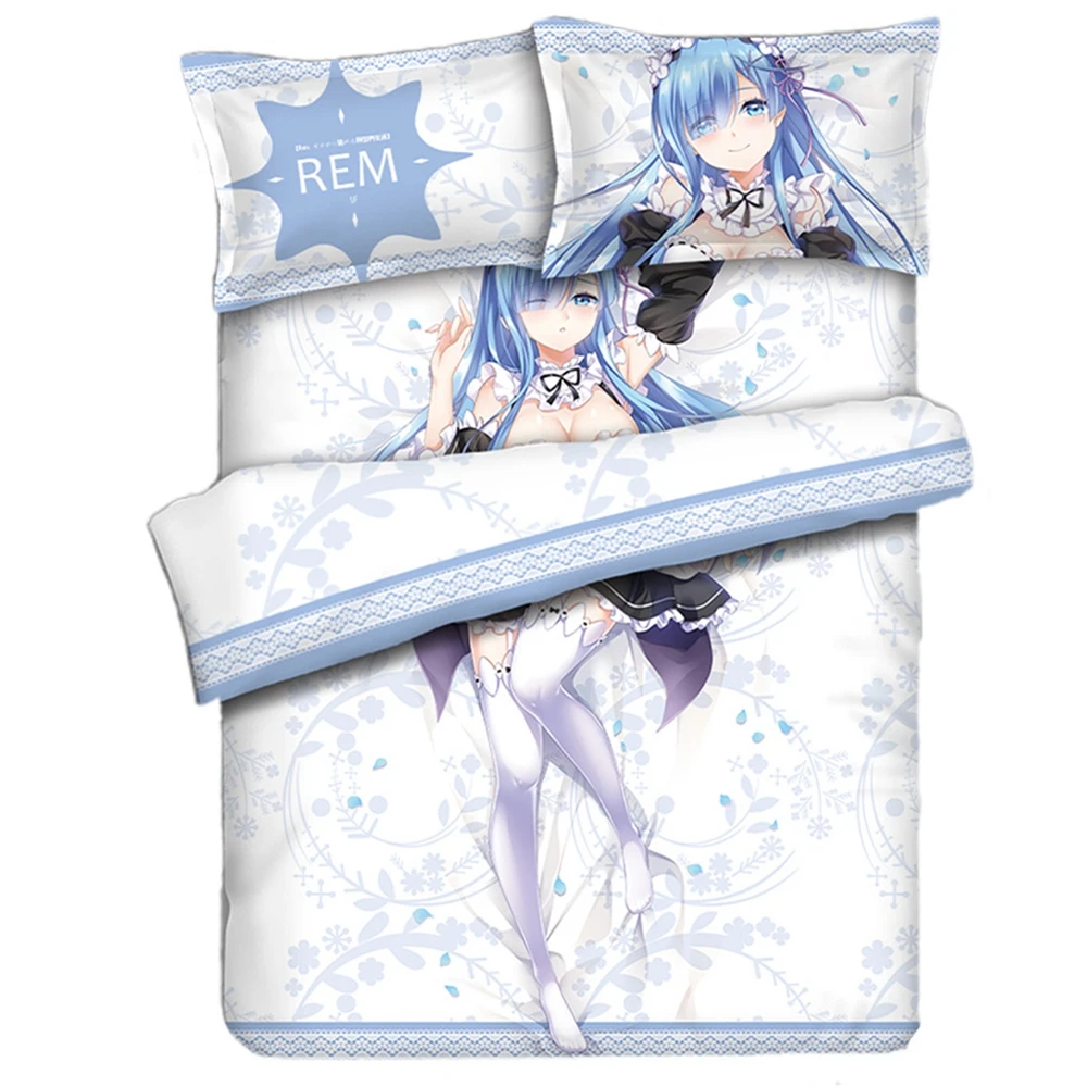 

Anime JK Re Zero Kara Hajimeru Isekai Seikatsu Rem Long Hair Comforter Set Bed Flat Sheet Quilt Cover Pillowcase Bedding Sets