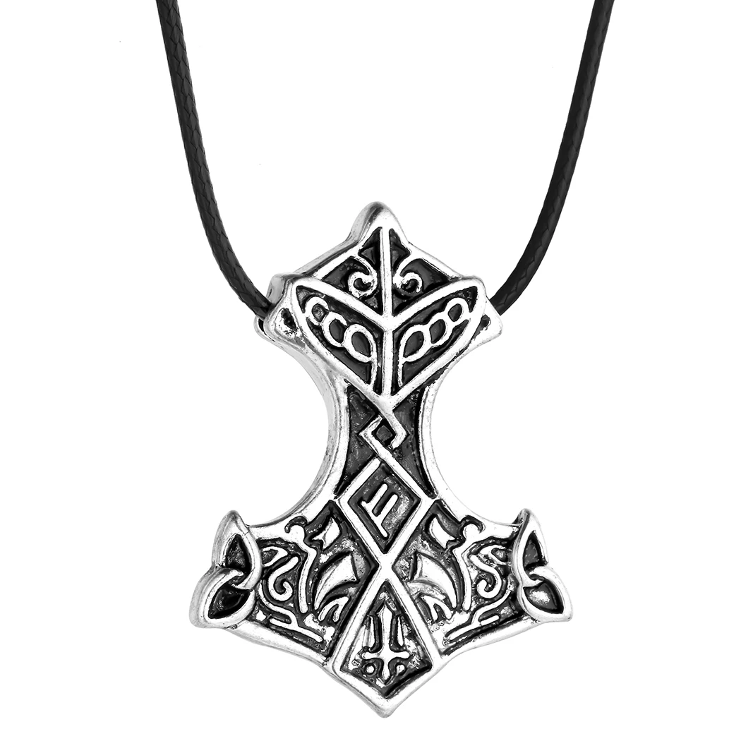Cxwind Nordic Vikings Amulet Pendant Necklace Legendary Viking Odin\'s Knot Hammer Runes Pendant Necklace Man Talisman Jewelry