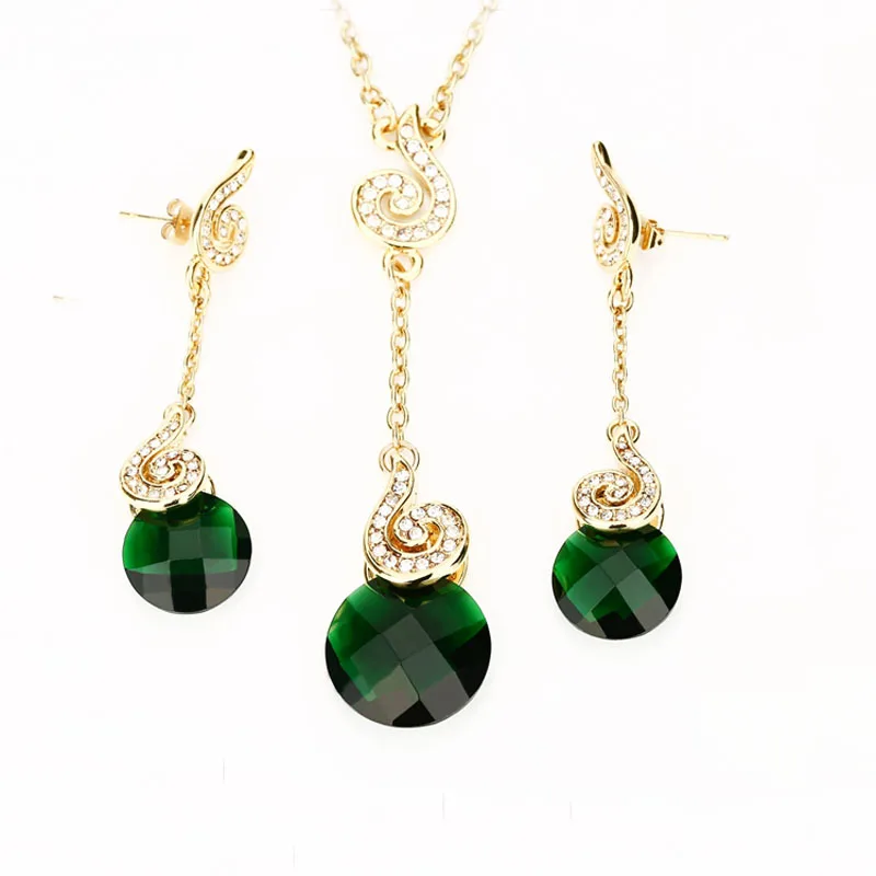 Classic Unique Design Bridal Wedding Charm Green Purple Crystal Dangle Earrings Pendant Necklaces set Gift For Women