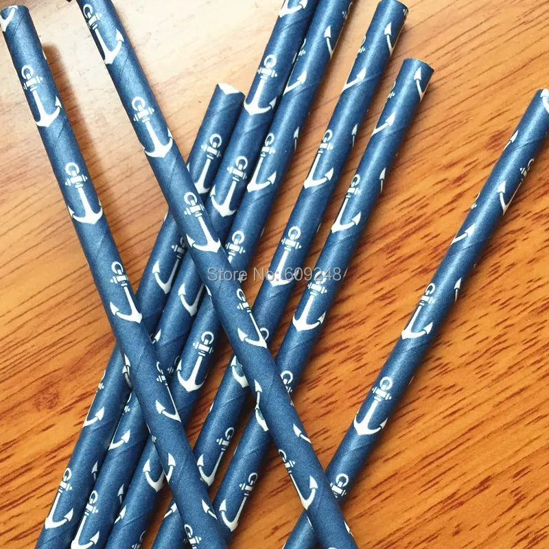 100 Pcs Mixed Colors White Anchor Navy Paper Straws,Nautical Party,Marine Wedding-Kids Birthday-Baby Shower Bachelorette Party