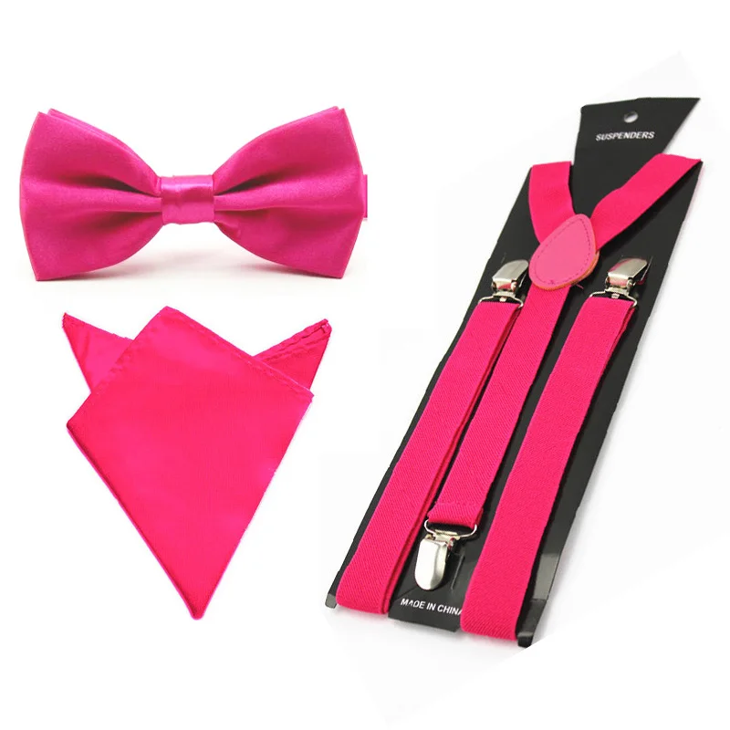 ชายซาติน Bowtie Y-Shape Suspenders ผ้าเช็ดหน้า Pocket Square ชุด BWSET0013