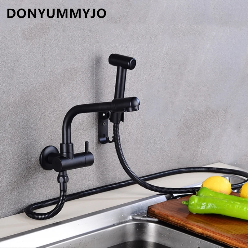 DONYUMMYJO New Black Painted Brass Finish Faucet Kitchen Sink Bathroom Balcony Faucet With Sprayer Wall Installation