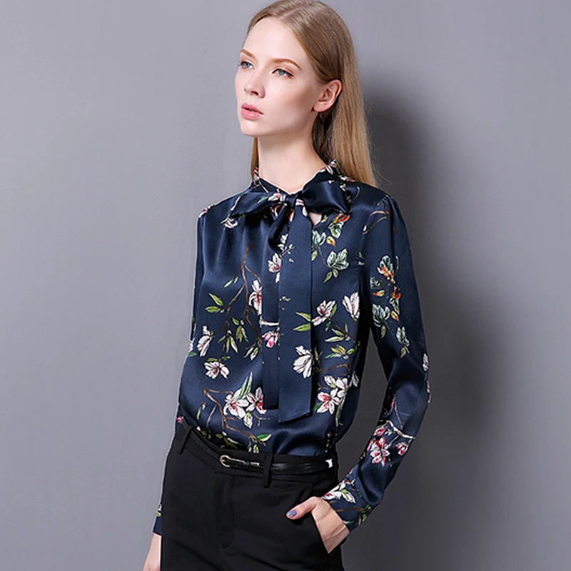 100% Sutra Blus Wanita Pullover Kemeja Dicetak Desain Vintage Lengan Panjang Kantor Work Top Elegan Gaya Baru Fashion 2017