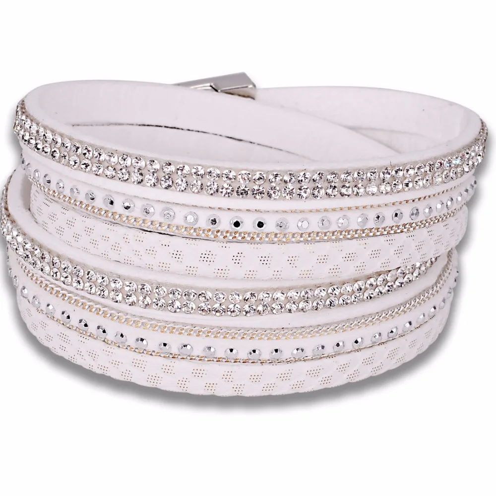 Wholesale Miasol Full Pave Crystal Rhinestone Metal Chain Double Wrap Leather Bracelet For Women Fashion Bracelet Jewelry Gift