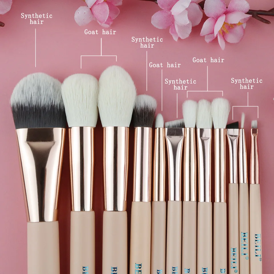 BEILI Pink 12pcs Rose Golden Natural Goat Hair Premium Foundation Eye shadow Blush Powder Highlighter Concealer Makeup Brush Set