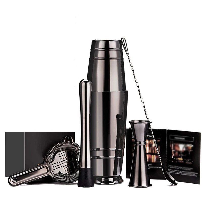 Black Plated Boston Cocktail Shaker Bar Set: 18oz & 28oz Boston Shaker Tin, Cocktail Strainer, Double Jigger, 12'' Mixing Spoon,