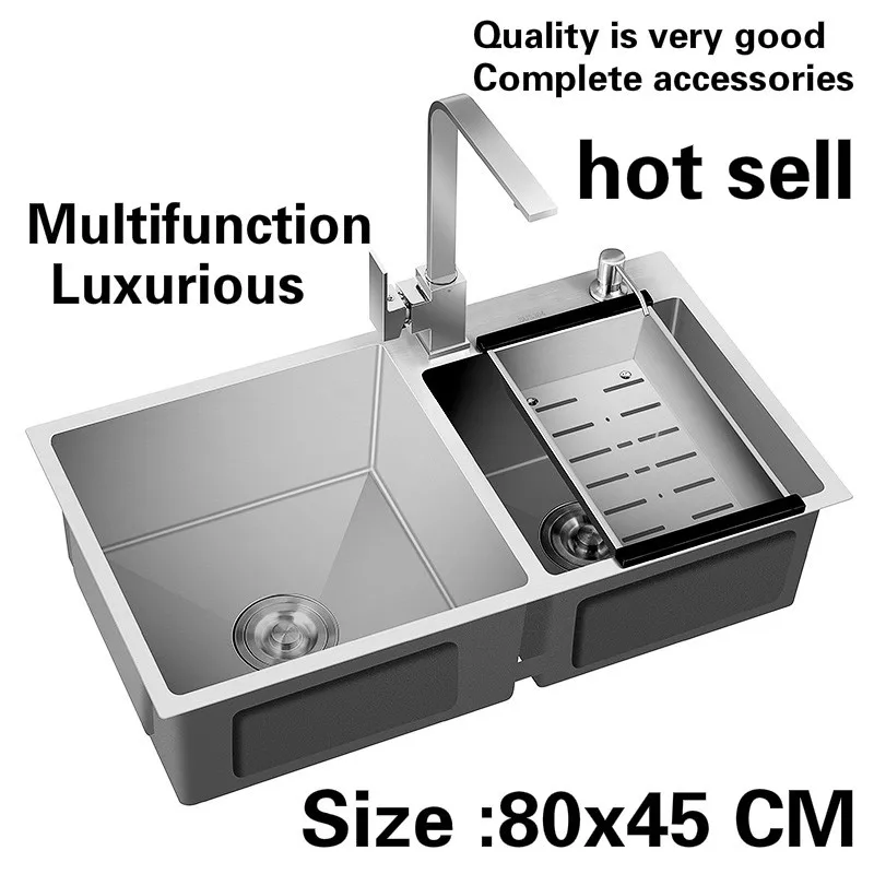 

Free shipping Apartment kitchen manual sink double groove multifunction do the dishes 304 stainless steel hot sell 80x45 CM