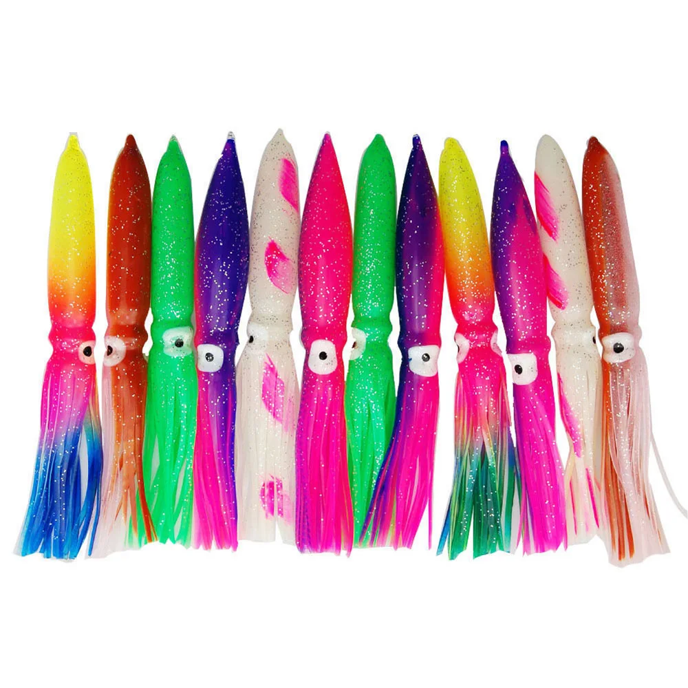 Hyaena 12pcs/lot 12cm 15cm 18cm Mixed Color Soft Squid Skirt Sea Fishing Soft Lures Octopus Bait For Jigging Assist Hooks Tackle