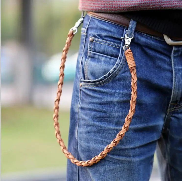 zalzyywb 1PCS PU Belt Chain Men Trouser Jeans Key Chain Wallet Chain Hook Leather Braided Chain Free King rings