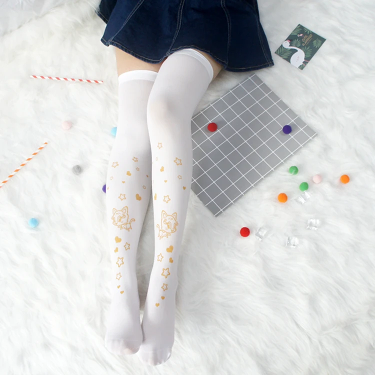 Japanese girl lovely meow star and hot stamping printing knee - high socks lolita thigh stockings