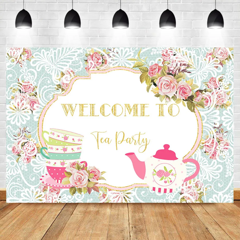 

Welcome to Tea Party Backdrop Pink Rose Flowers Kettle Cup Photo Background Dessert Table Decorate Props Photography Backdrops