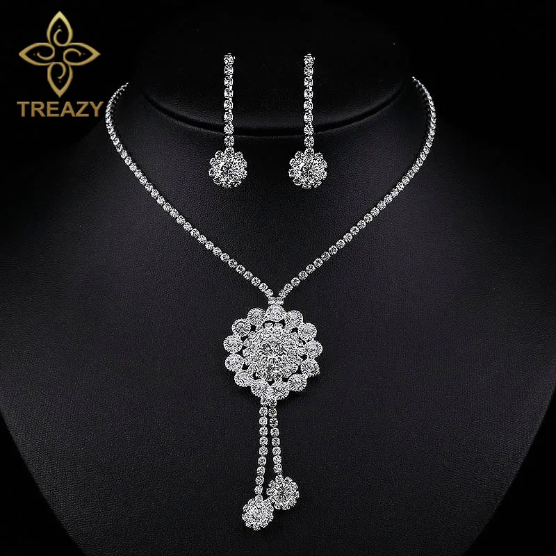 TREAZY Simple Bridal Bridesmaid Jewelry Sets Fashion Silver Plated Crystal Wedding Jewelry Sets Necklace Earrings Set for Women
