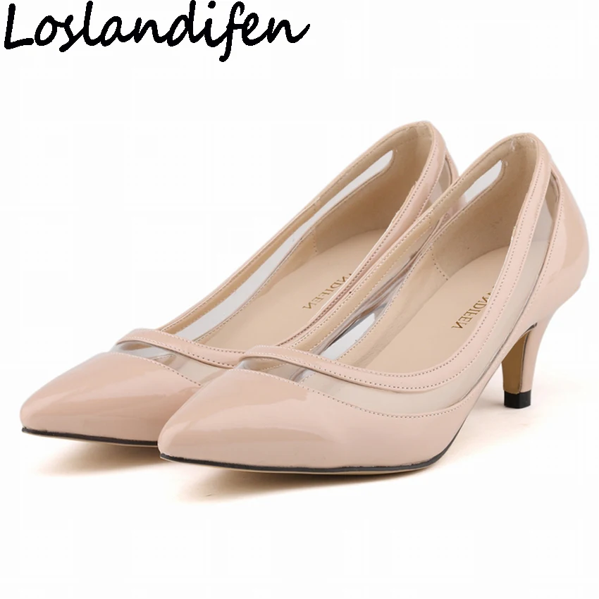 

LOSLANDIFEN Women Pumps Low Heels Patchwork Pointy Toe Shoes PVC Clear Transparent Heels Shallow Mouth OL Occupation Sold Shoes