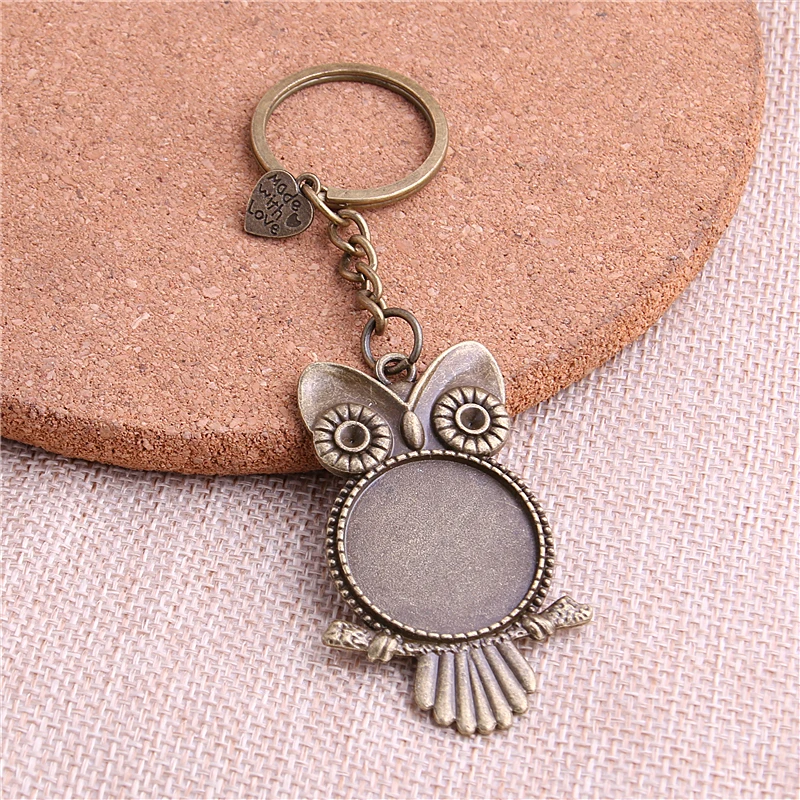 5Pcs/Lot Metal Key Chain Round Owl Cabochon Setting DIY Vintage Handmade Key Chain Jewelry Making