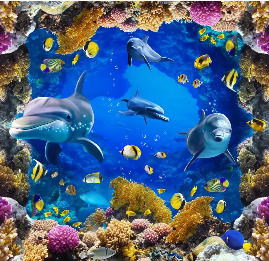 

Photo wallpaper mural floor PVC waterproof floor Custom Photo self-adhesive 3D floor dolphin Home Decoration