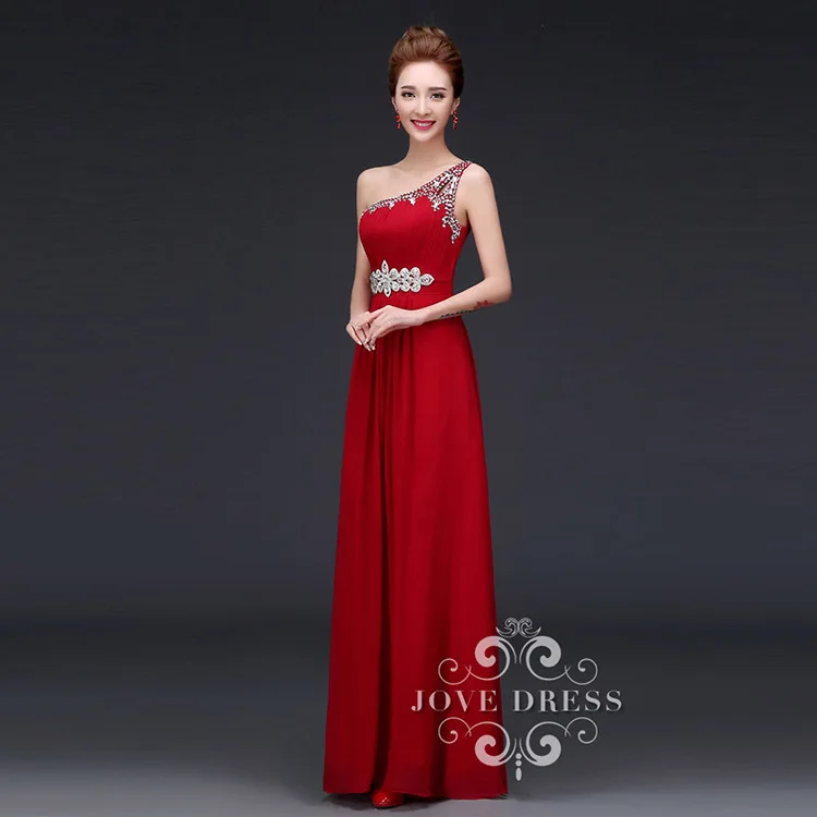 Floor-length 2017 nova alça de ombro quente broca vinho degustação vermelho a line chiffon longo vestido de noite banquete vestido de noite