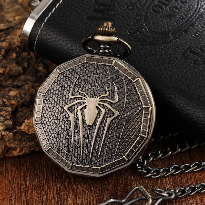 Hollow ตัวเลขโรมันนาฬิกาพ็อกเก็ตนาฬิกาโบราณ Spider แกะสลักสร้อยคอ Steampunk FOB Unisex Mens VINTAGE จี้นาฬิกา