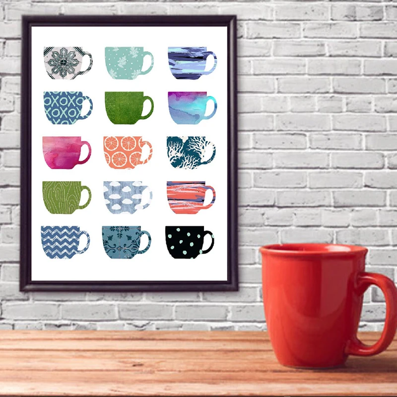 Coffee Art Print Multi Color Coffee Cups Canvas Poster Kitchen Wall Art Canvas Painting Wall Pictures Cafe Modern Decoration