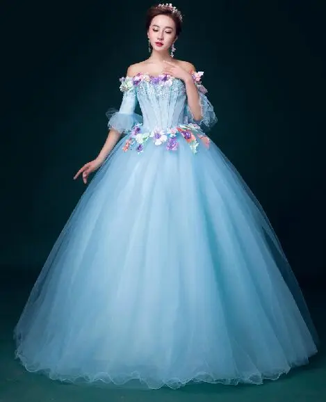 

100% real light blue crystal rhinestone beading flower medieval dress Renaissance ball gown princess Victorian/Marie Antoinette